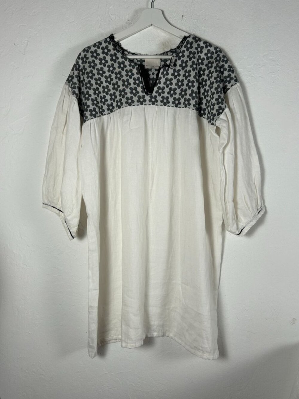 Nina Leuca Womens Shift Linen Tunic Dress White Black Floral Print Boho Italy